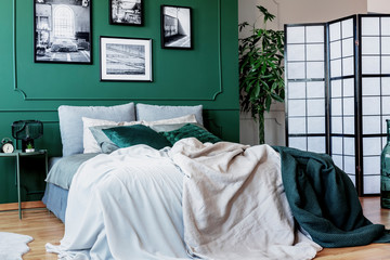 Green wall with gallery of poster in trendy bedroom interior with double bed