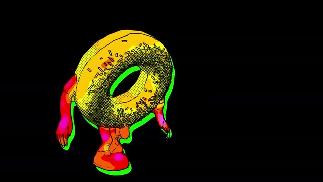 Seamless funny animation of a dancing doughnut isolated with alpha channel.  Duotone comic style background with halftone effect.