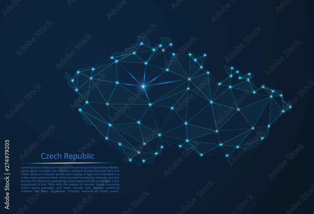 Poster the map of the network of the czech republic. vector low-poly image of a global map with lights in t
