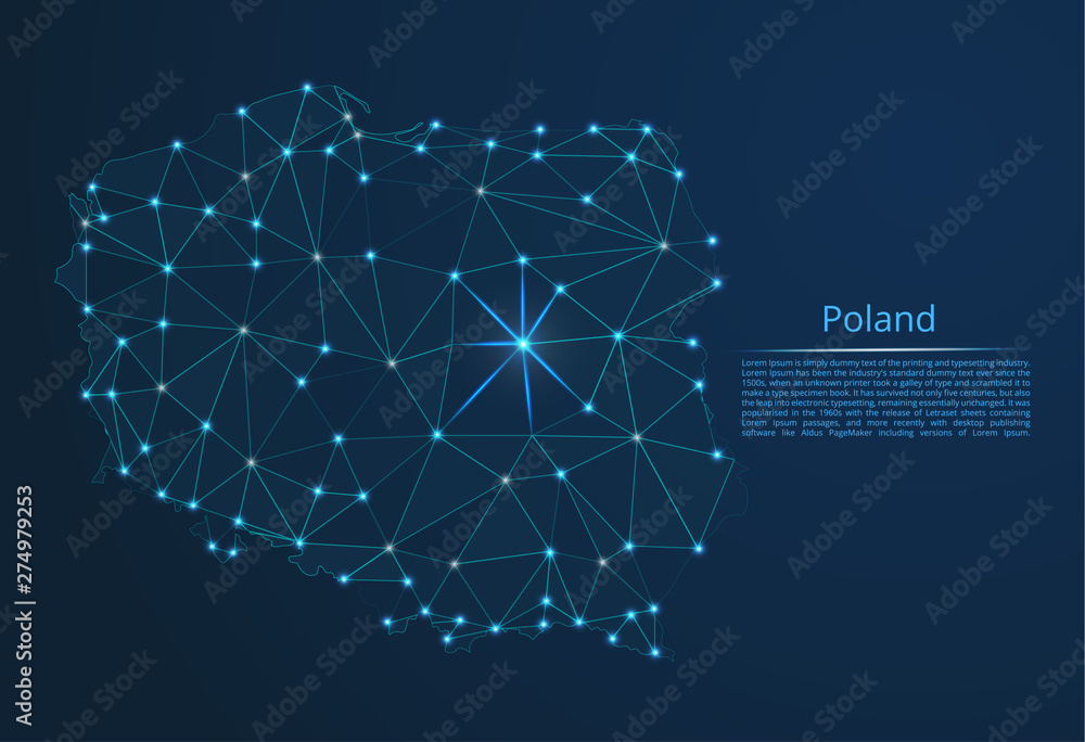Poster poland communication network map. vector low poly image of a global map with lights in the form of c