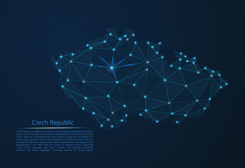 The map of the network of the Czech Republic. Vector low-poly image of a global map with lights in the form of a population density of cities consisting of shapes in the form of stars and space.