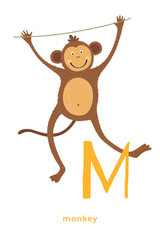Cute cartoon monkey with the letter M. Fabulous African animal. Can be used for children's alphabets and books. Vector illustration on white isolated background.