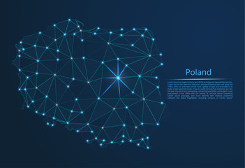 Poland communication network map. Vector low poly image of a global map with lights in the form of cities in or population density consisting of points and shapes in the form of stars and space.