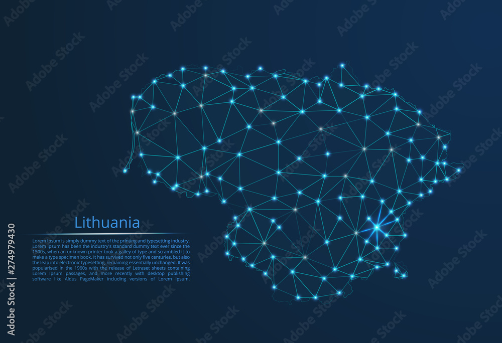 Poster lithuania communication network map. vector low poly image of a global map with lights in the form o
