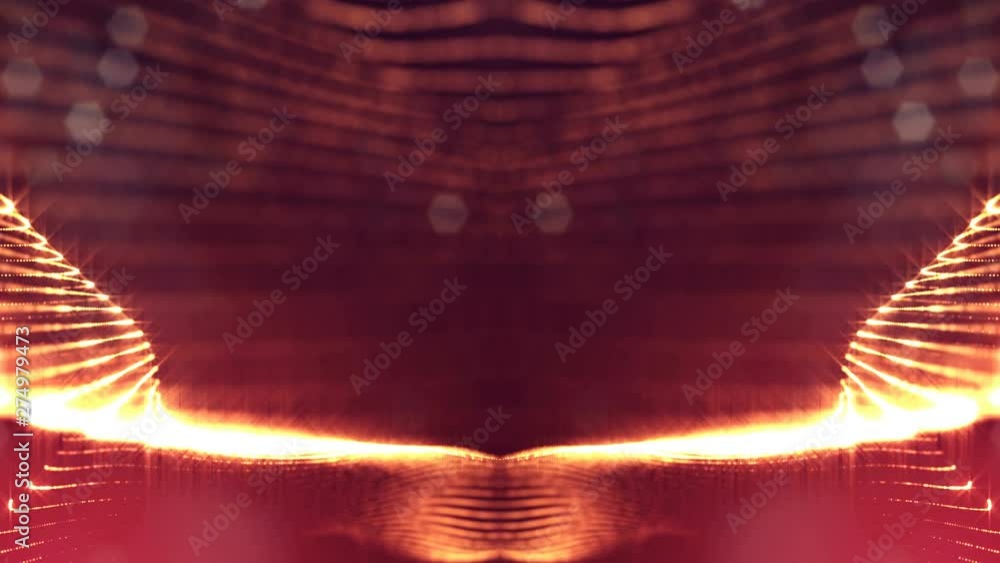 Poster complex golden composition with luminous particles that form wavy structures in the air. 4k 3d loope