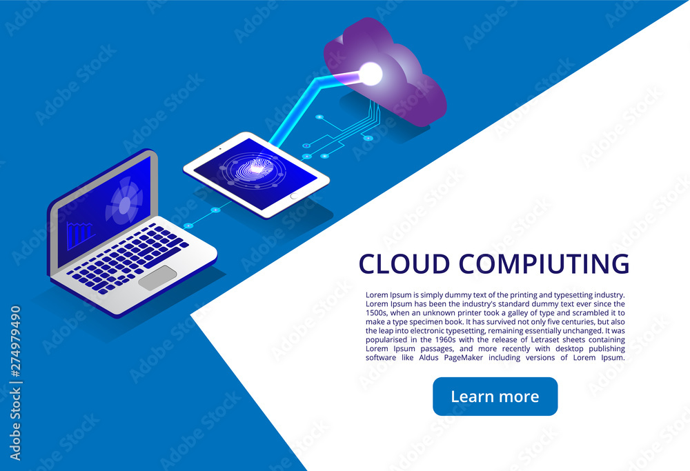 Poster isometric modern cloud technology and networking concept. web cloud technology business. cloud compu