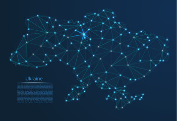 Ukraine communication network map. Vector low poly image of a global map with lights in the form of cities in or population density consisting of points and shapes in the form of stars and space.