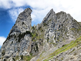 Bockmattlistock Mountain above the valley Wagital or Waegital and alpine Lake Wagitalersee...