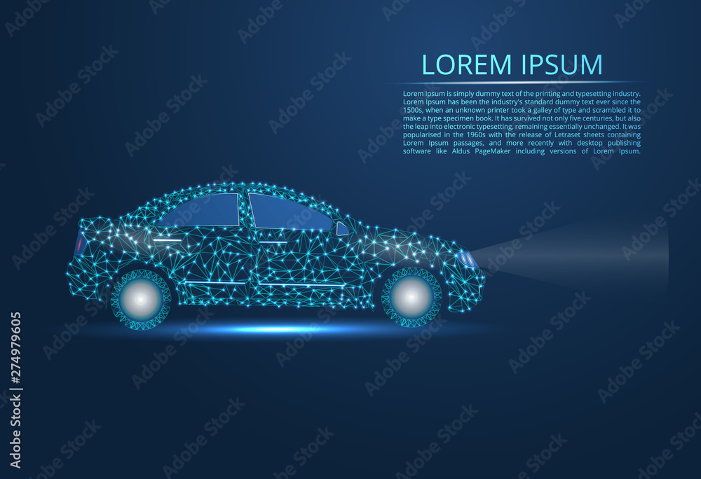 Poster abstract image of a car in the form of points and lines, triangles, broken glass. business vector