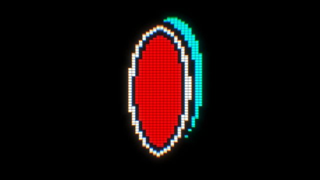 Seamless funny animation of a spinning heart isolated with black background.  Chromatic aberration screen pixel style backdrop.