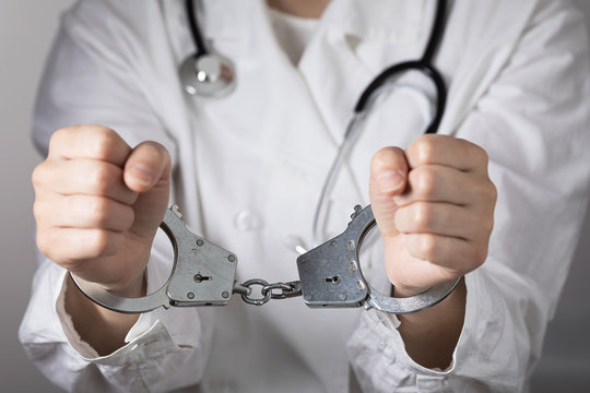 The handcuffed doctor. Concept on the topic of medical negligence