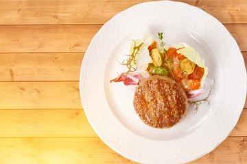 Grilled Beef Steak Meat with Fried Potato, Asparagus and Cherry Tomato. Steak Dinner. Food