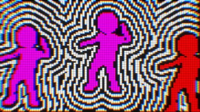 Seamless funny animation of a dancing videogame characters isolated with black and white stripes background.  Chromatic aberration screen pixel style backdrop.
