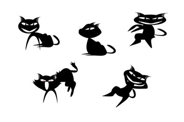 Silhouette  black cat  icon for Halloween. Animal cartoon character on isolated white background. Scary flat illustration.