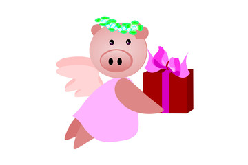 Year of the Pig and New Year 2019 and Valentine Day.  Vector flat illustration for decoration. Colorful cute cartoon character.