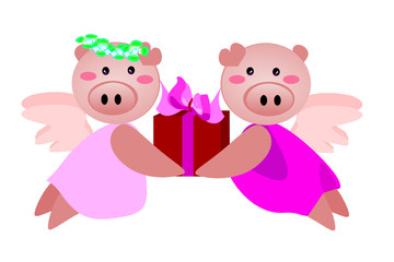 Year of the Pig and New Year 2019 and Valentine Day.  Vector flat illustration for decoration. Colorful cute cartoon character.