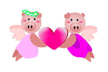 Year of the Pig and New Year 2019 and Valentine Day.  Vector flat illustration for decoration. Colorful cute cartoon character.