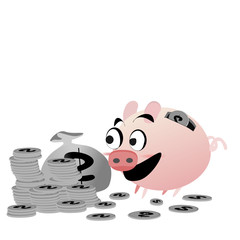 Vector icon piggy bank and money . flat  illustration isolated on  background. The concept of saving money, investment ,banking or business service. Cute animal clip art cartoon character.
