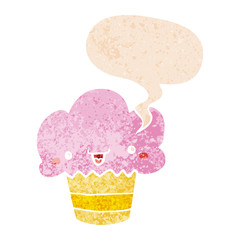 cartoon cupcake with face and speech bubble in retro textured style