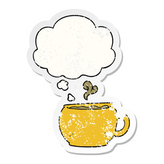 cartoon coffee cup and thought bubble as a distressed worn sticker