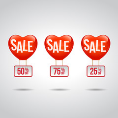 Sale promo label with hearth balloons, 50%, 75%, 25%