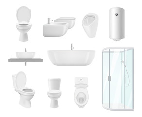 Bathroom collection. Washroom toilet sink modern white objects of bathroom vector realistic pictures. Washroom and bathroom, sink and toilet illustration