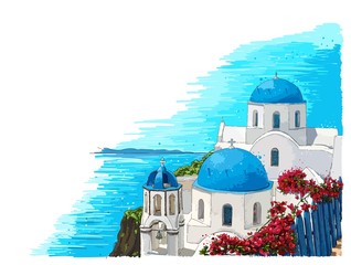 Fototapeta Greece summer island landscape with traditional greek church. Santorini hand drawn vector horizontal background. Picturesque sketch. Ideal for cards, invitations, banners, posters. obraz