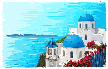 Greece summer island landscape with traditional greek church. Santorini hand drawn vector horizontal background. Picturesque sketch. Ideal for cards, invitations, banners, posters. - obrazy, fototapety, plakaty
