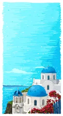 Fotobehang Turkoois Griekenland zomer eiland landschap met traditionele Griekse kerk. Santorini hand getekende vector verticale achtergrond. Schilderachtige schets. Ideaal voor kaarten, uitnodigingen, banners, posters.  © Alena_A