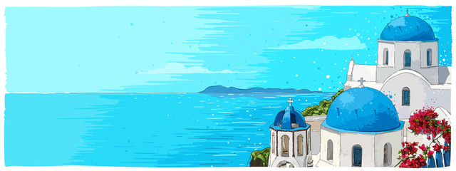 Greece summer island landscape with traditional greek church. Santorini hand drawn vector horizontal background. Picturesque sketch. Ideal for cards, invitations, banners, posters. - obrazy, fototapety, plakaty