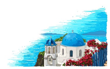 Greece summer island landscape with traditional greek church. Santorini hand drawn vector horizontal background. Picturesque sketch. Ideal for cards, invitations, banners, posters.