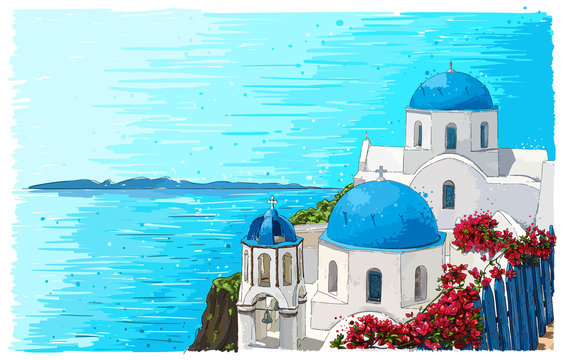 Greece summer island landscape with traditional greek church. Santorini hand drawn vector horizontal background. Picturesque sketch. Ideal for cards, invitations, banners, posters.