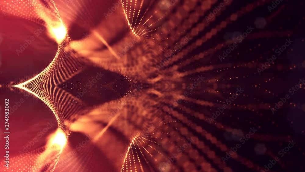 Poster complex golden composition with luminous particles that form wavy structures in the air. 4k 3d loope