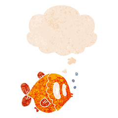 cartoon fish and thought bubble in retro textured style