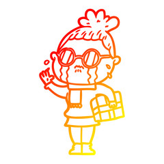warm gradient line drawing cartoon crying woman wearing spectacles