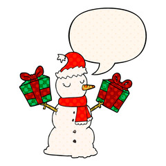cartoon snowman and speech bubble in comic book style