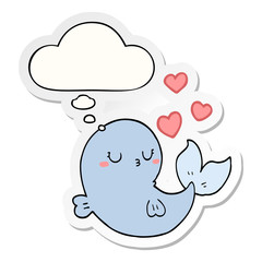 cute cartoon whale in love and thought bubble as a printed sticker