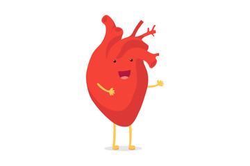 Cute cartoon smiling healthy heart character happy emoji emotion. Funny circulatory organ cardiology. Vector illustration