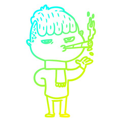 cold gradient line drawing cartoon man smoking