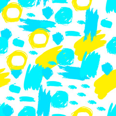 Colorful cute geometric calligraphic grunge seamless pattern with hand drawn brush strokes, circles, rings and paint splashes, lines, geometrical shapes. Messy texture,  grungy background. Vector.