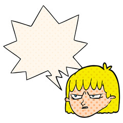 cartoon angry woman and speech bubble in comic book style
