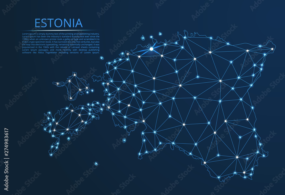 Aufkleber estonia communication network map. vector low poly image of a global map with lights in the form of 