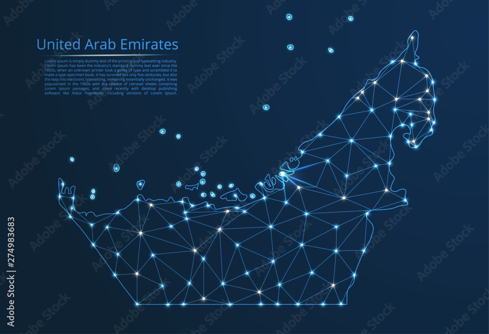 Poster united arab emirates map. vector low poly image of a global map with lights in the form of cities in