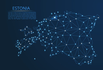 Estonia communication network map. Vector low poly image of a global map with lights in the form of cities in or population density consisting of points and shapes in the form of stars and space.