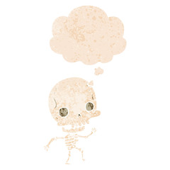cartoon skeleton and thought bubble in retro textured style