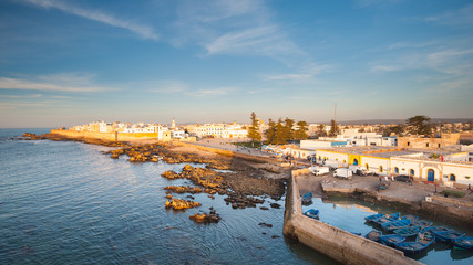 Harbour and city walls of Essaouira, Morocco seen from above