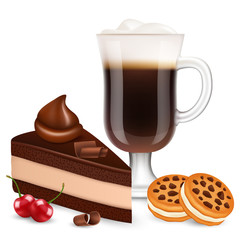 Dessert with coffee isolated on white background. Realistic chocolate cake, bisquits, cherry and latte vector illustration. Coffee and dessert food, drink morning and eat tasty