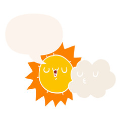 cartoon sun and cloud and speech bubble in retro style