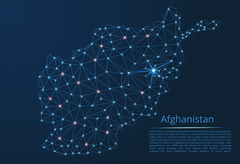 Afghanistan communication network map. Vector low poly image of a global map with lights in the form of cities in or population density consisting of points and shapes in the form of stars and space.