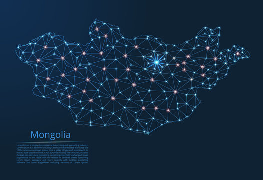 Mongolia communication network map. Vector low poly image of a global map with lights in the form of cities in or population density consisting of points and shapes in the form of stars and space.